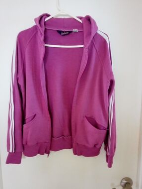 Women’s Hooded Zip Varsity Jacket in Purple with White Stripe